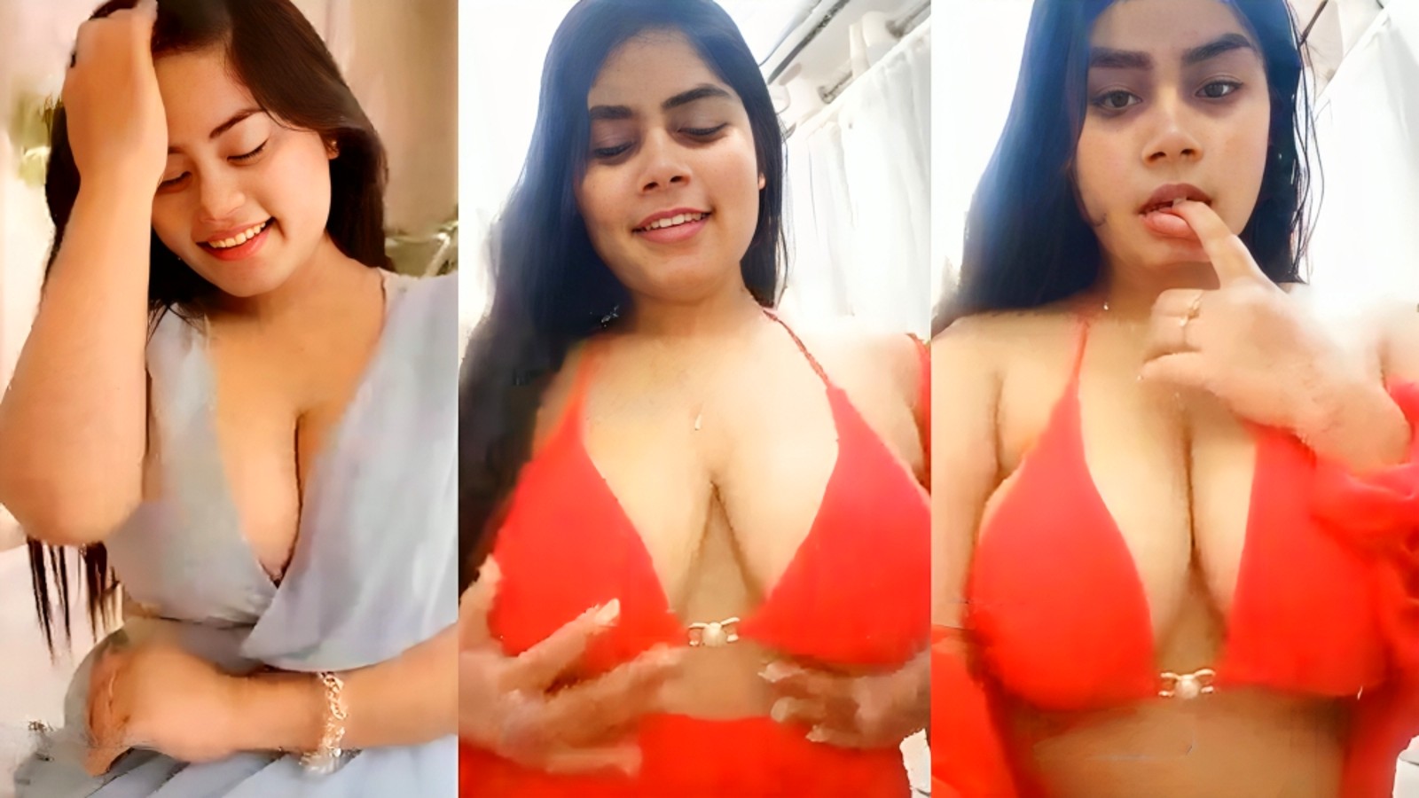 Amesha Boobs Show in Red Swimsuit